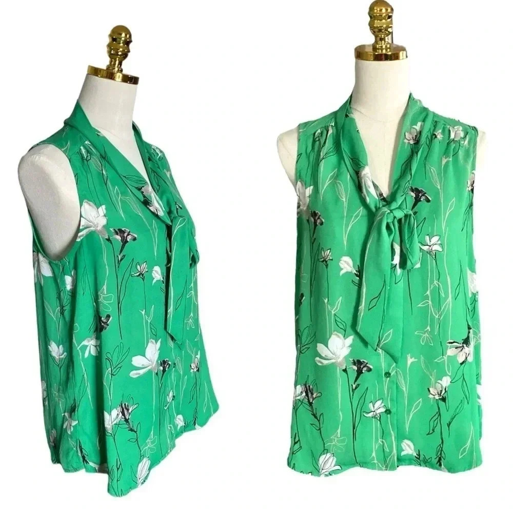 RACHEL ZOE | Women’s Green Floral Print Button-up Self Tie Bow Blouse  Size M